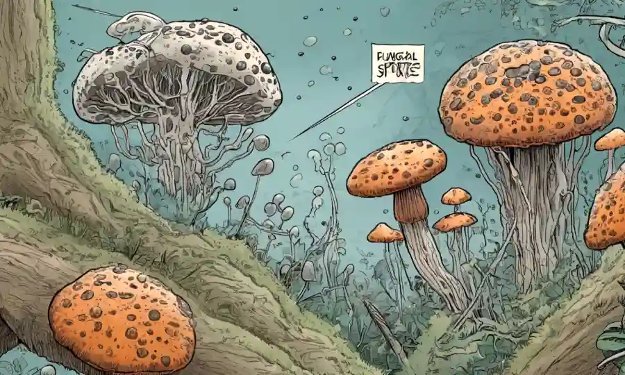 Vista microscopio de esporas fúngicas con flechas que las conectan a diagramas de crecimiento.