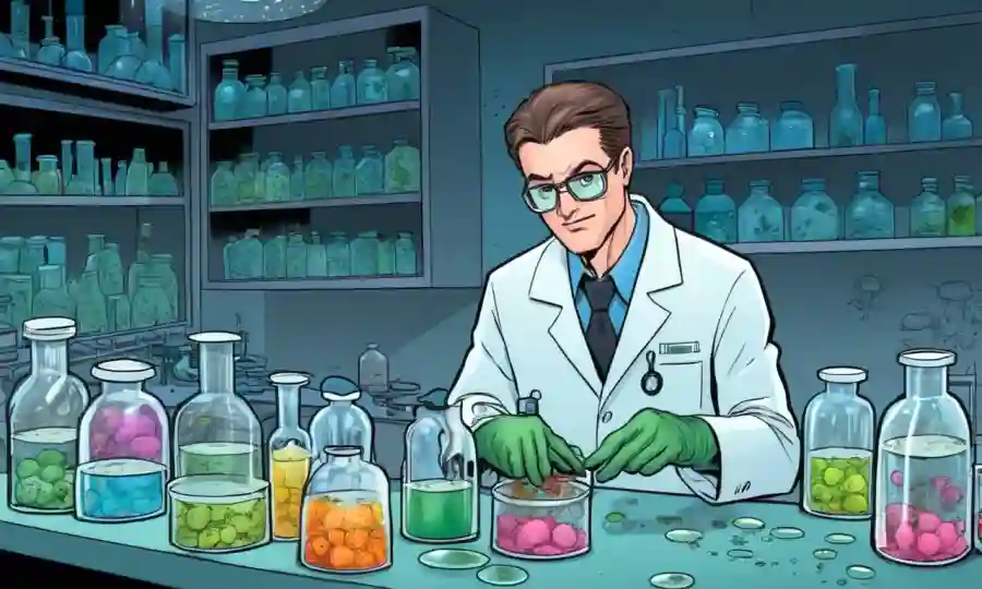 Científico en un laboratorio que estudia platos petri con esporas fúngicas.
