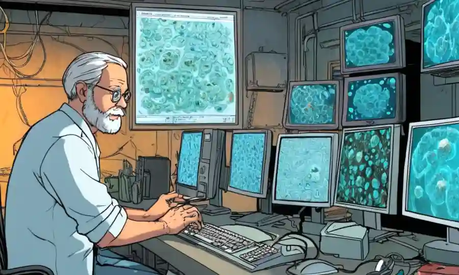 Científico analizando datos fúngicos en la pantalla del ordenador.