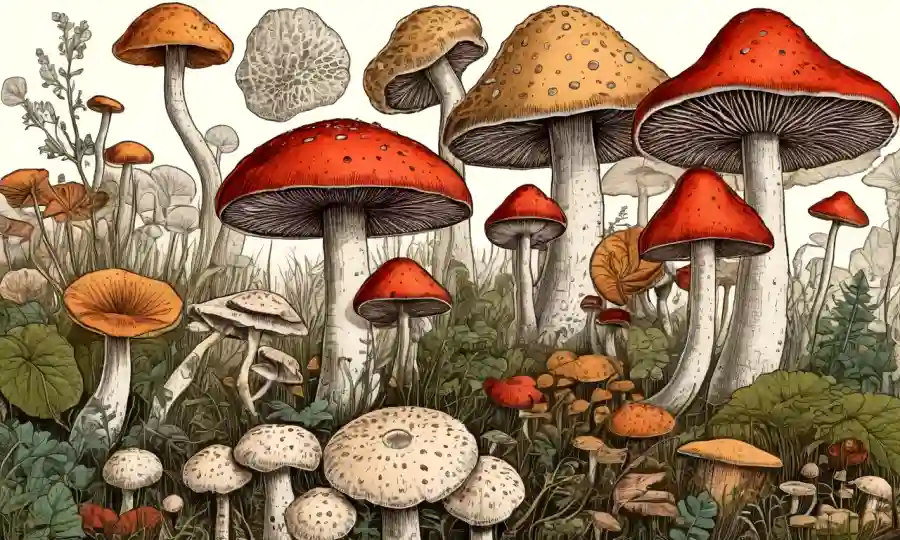 ilustraciones coloridas de diversos hongos rodeados de diagramas científicos.