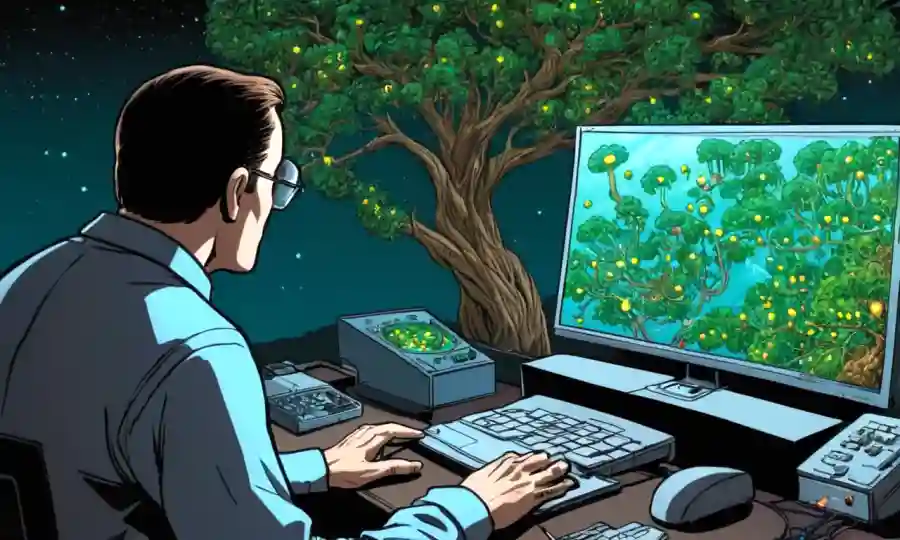 Un científico que estudia árboles familiares hongos en una pantalla de computadora.