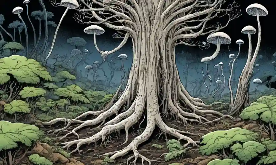 Una ilustración de hifas fúngicas interactuando con las raíces vegetales