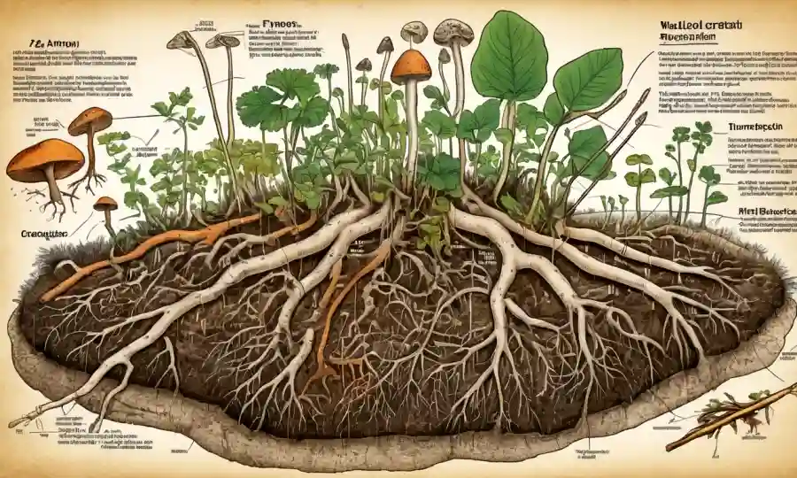 Una ilustración científica de hongos rodeando raíces de plantas con flechas y gráficos destacando sus efectos beneficiosos.
