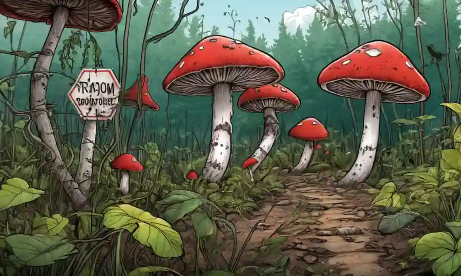 Un hongo creciendo en medio de vegetación dañada con señales de advertencia y símbolos científicos alrededor de ella.