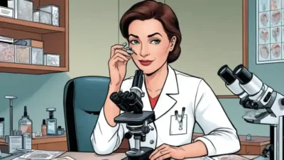 Un dermatólogo que trabaja en un microscopio