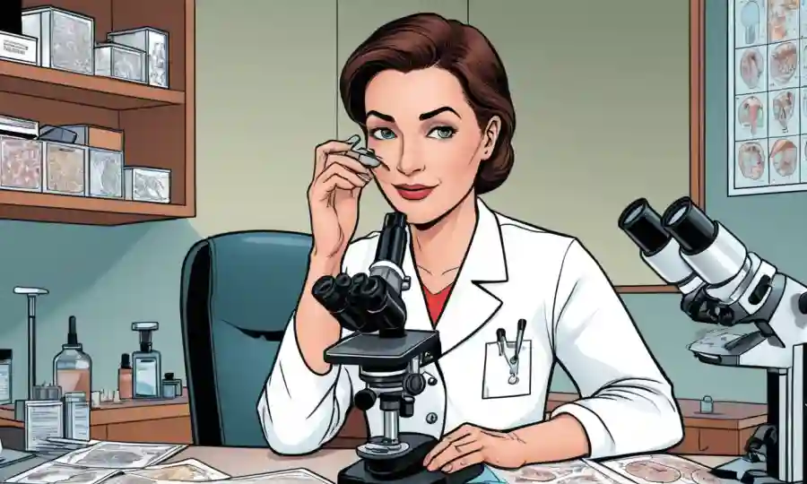Un dermatólogo que trabaja en un microscopio