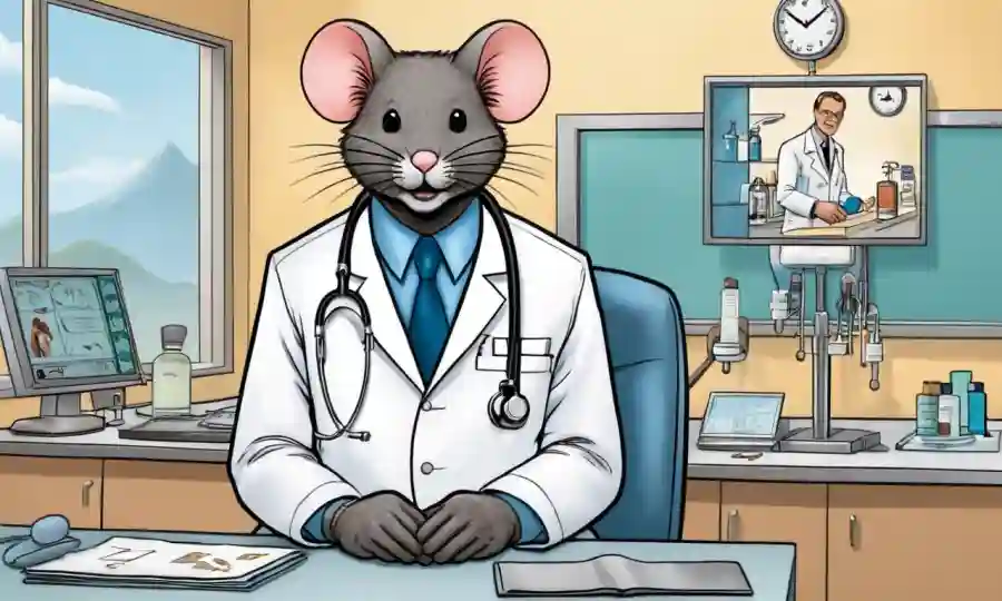 Un dermatólogo (y/o ratón) frente a un icono de salud o salud pública.