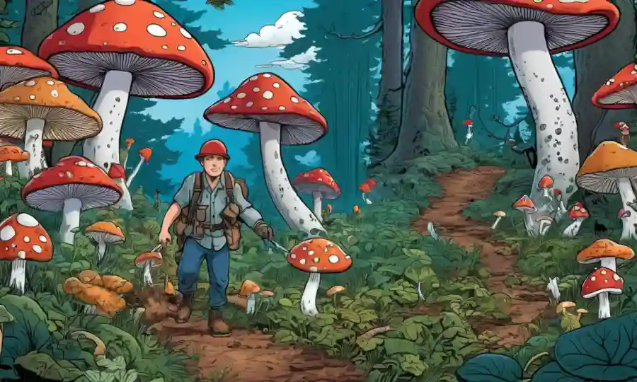 Un coleccionista de hongos que trabaja en un bosque rodeado de diversas especies de hongos.