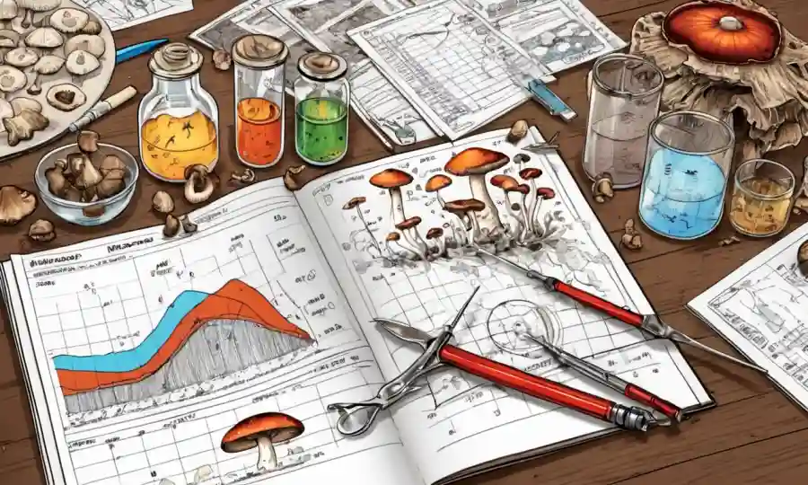 ilustraciones científicas de hongos junto a gráficos y herramientas de laboratorio sobre una mesa.