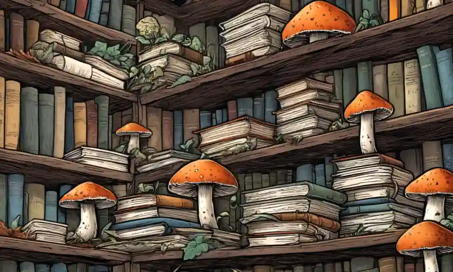 Fungi creciendo en medio de montones de libros sobre micología y documentos de investigación económica.
