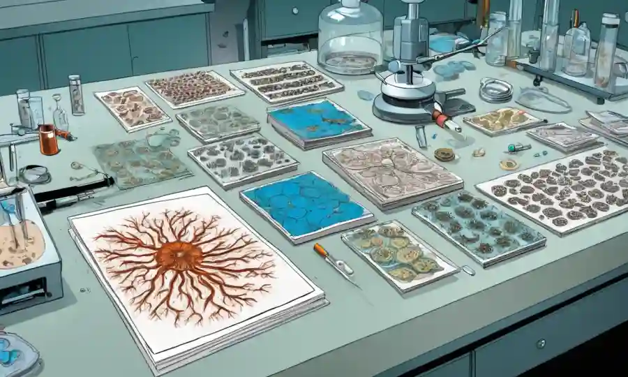 Esporas morfizantes y diapositivas de microscopio en un banco de trabajo de laboratorio.