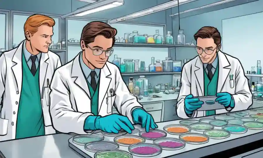 Científicos en capas de laboratorio analizando esporas microscópicas en platos petri.