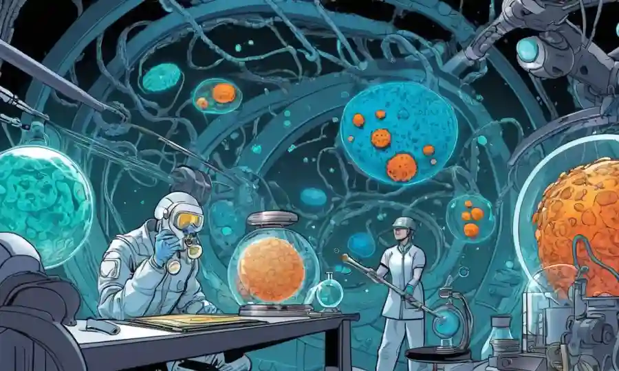 Microorganismos e ilustraciones científicas con temas futuristas.
