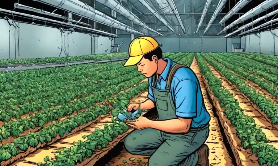 Un trabajador agrícola inspeccionando filas de plantas que crecen de esporas en medio de la tecnología agrícola moderna.