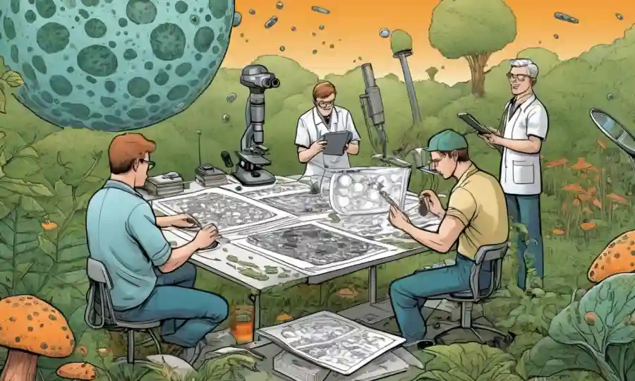 Investigadores que estudian esporas en la naturaleza, rodeados de diagramas e imágenes del microscopio.