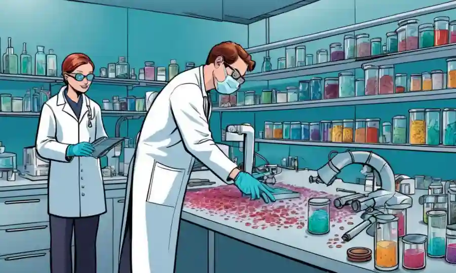 Microbiólogos trabajando en laboratorio con muestras fúngicas y equipos de investigación.