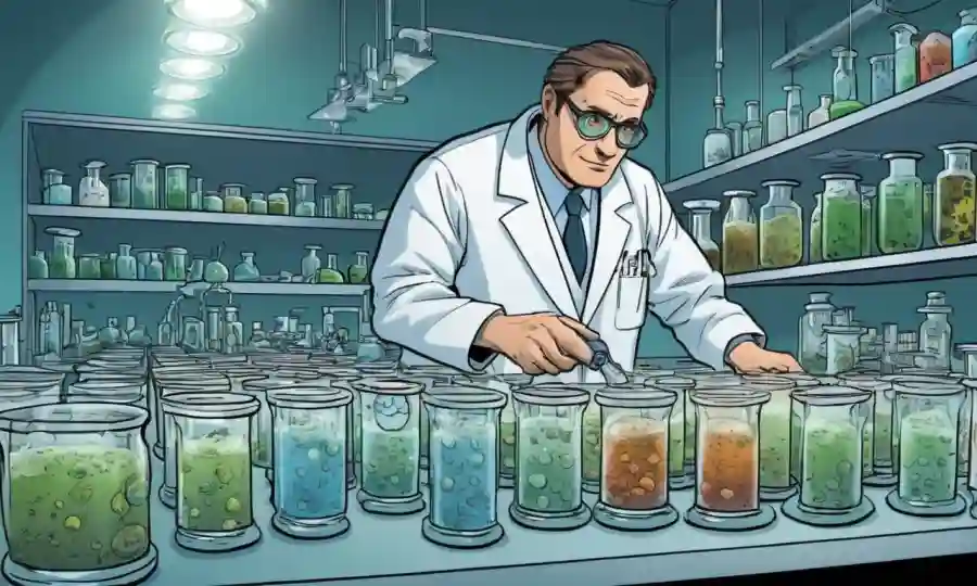 Un científico en un laboratorio rodeado de platos Petri que contienen esporas fúngicas, con diversos calzoncillos y equipos.