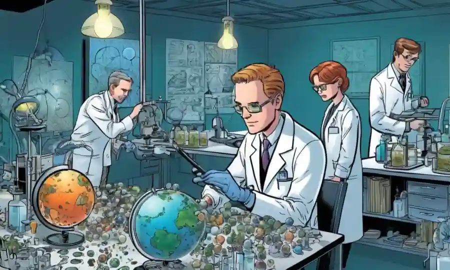 Investigadores científicos que estudian esporas en un laboratorio con varios gráficos y globos.