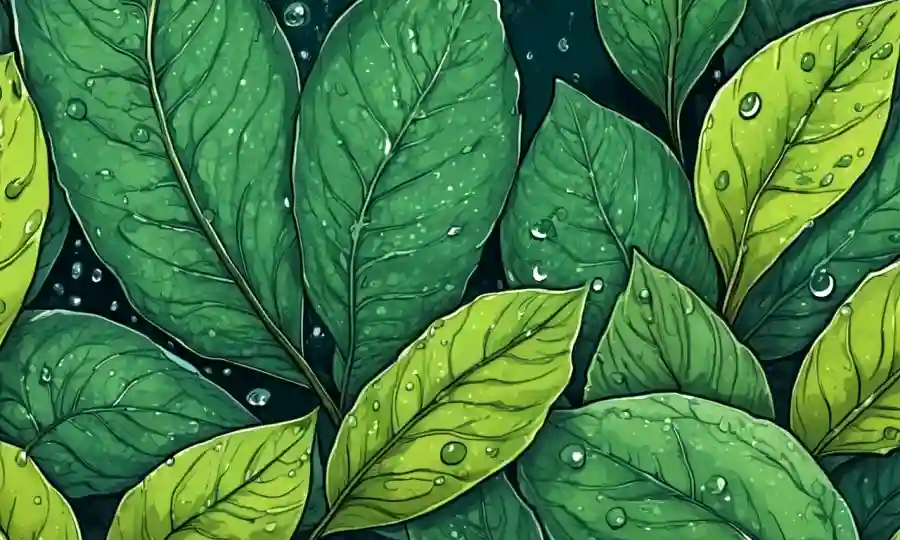 Plantas microscópicas que prosperan en una hoja con gotas de agua que los rodean.
