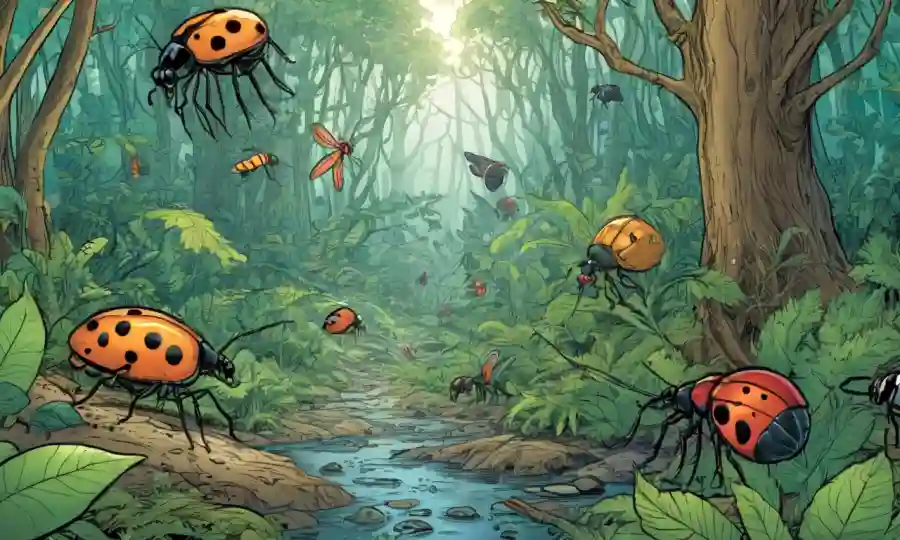 Un ecosistema forestal con interacciones ecológicas entre plantas, insectos y microorganismos.