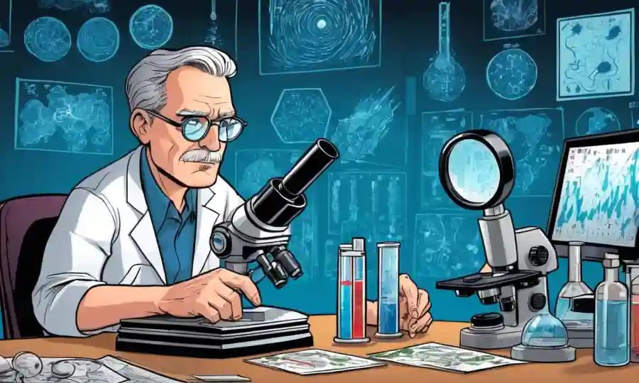Científico estudiando muestras bajo microscopio, rodeado de termómetros y gráficos de temperatura.