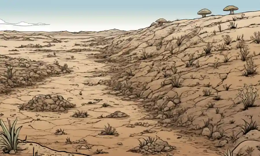 Imagen que representa un ambiente de suelo estéril, destacando los efectos perjudiciales de la acidificación del suelo en el crecimiento fúngico.