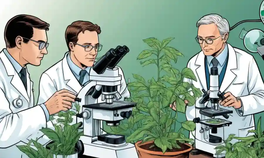 Un grupo de científicos discuten diapositivas sobre plantas bajo un microscopio de morfología vegetal.