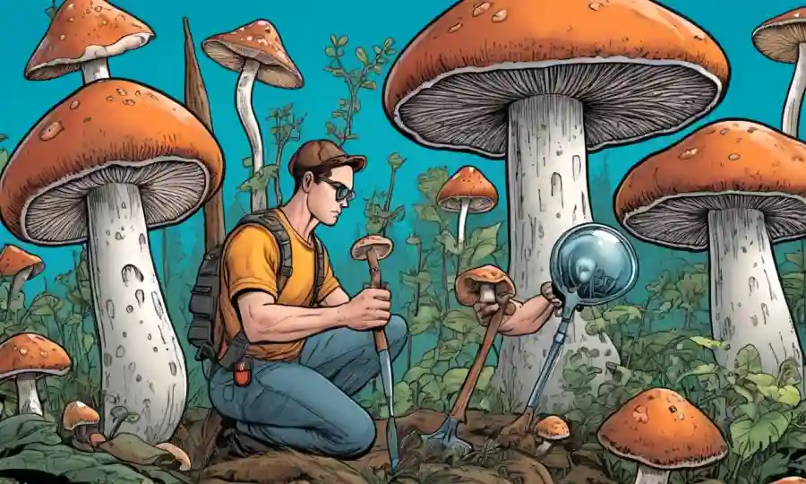 Una persona que tiene varias herramientas y junto a las especies de hongos en un ambiente controlado.
