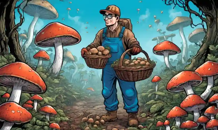 Una persona que lleva guantes y sostiene una canasta de hongos entre los equipos de cultivo de hongos.