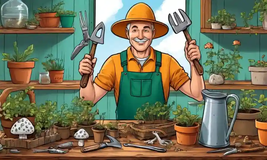 Jardinero con varias herramientas para el cultivo de hongos en una mesa de madera.