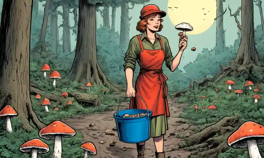 Mujer de pie en un bosque reuniendo hongos en cubos.
