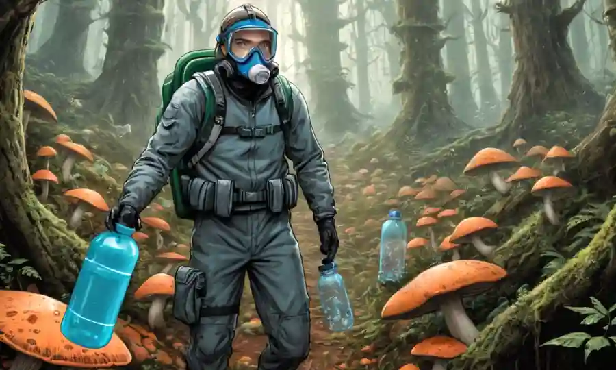 Persona que lleva engranaje protector y sujeta botellas de agua en medio de bosque lleno de hongos.