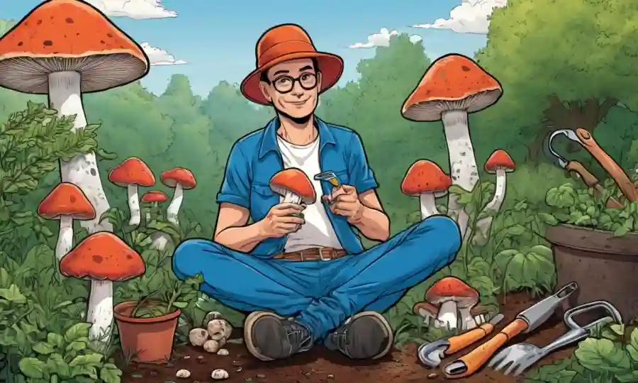 Setas individuales mientras se sientan en medio de la naturaleza, rodeado de herramientas de jardinería.