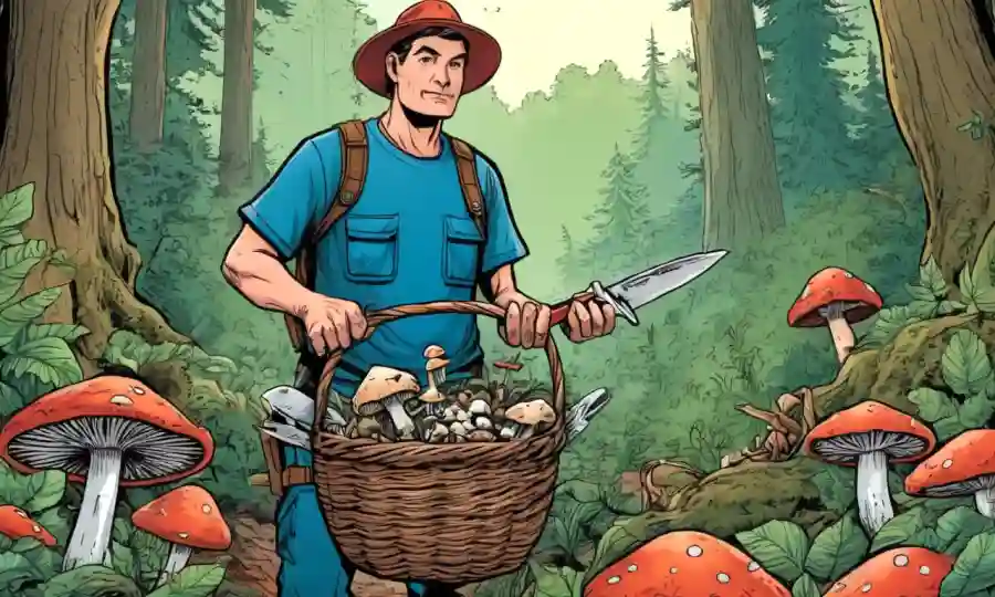 Persona sosteniendo varias herramientas (basket, cuchillo, etc.) y de pie en medio de un bosque exuberante con hongos creciendo cerca.