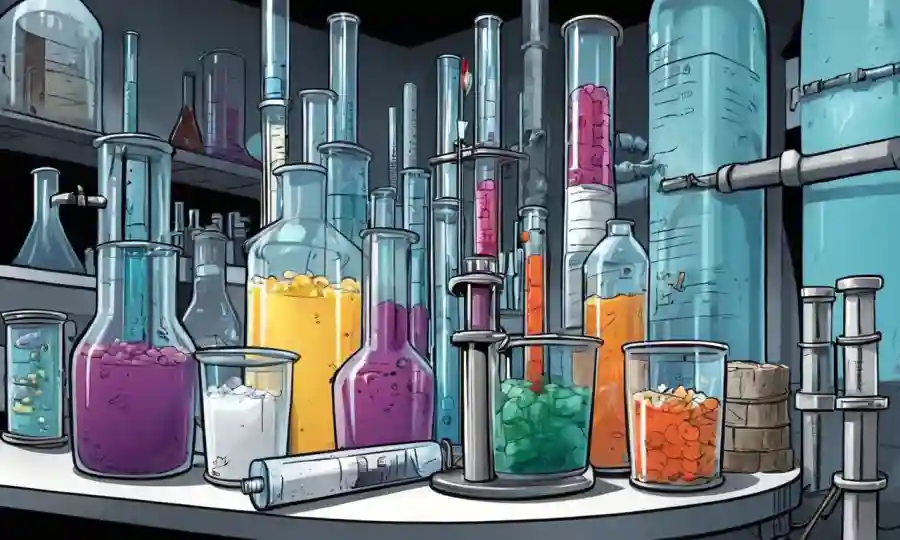 Guantes, jeringas y tubos de ensayo en un laboratorio de fermentación.
