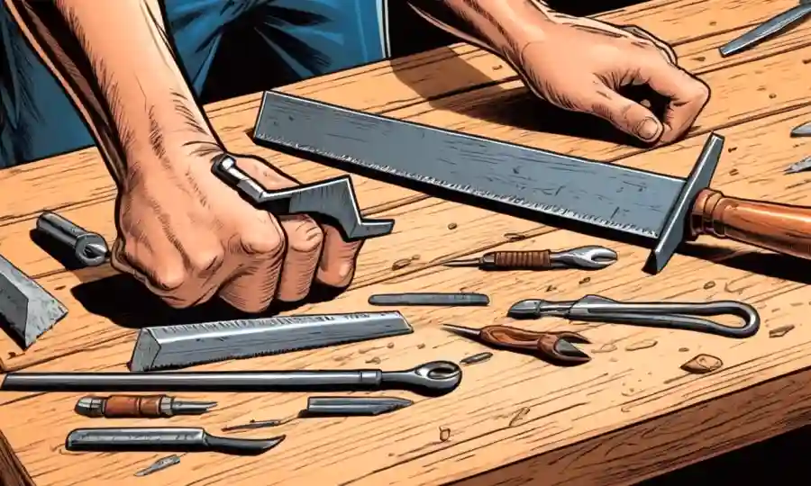 Herramientas clásicas de sujeción manual de carpintero como chisels y sierras en una superficie de trabajo de madera.