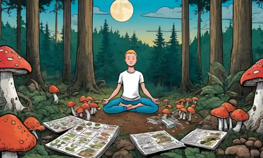 Una persona meditando por un bosque con hongos a su lado, rodeado de etiquetas de salud y nutrición.