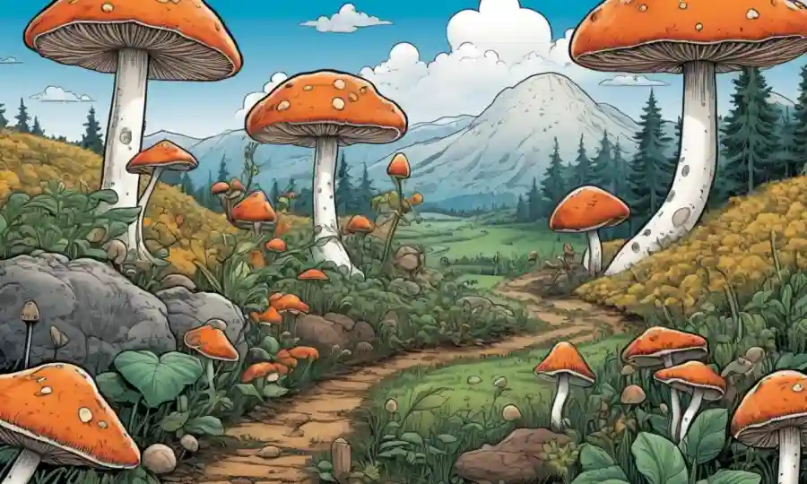 Innovaciones agrícolas basadas en hongos entre elementos paisajísticos inspirados en la naturaleza.