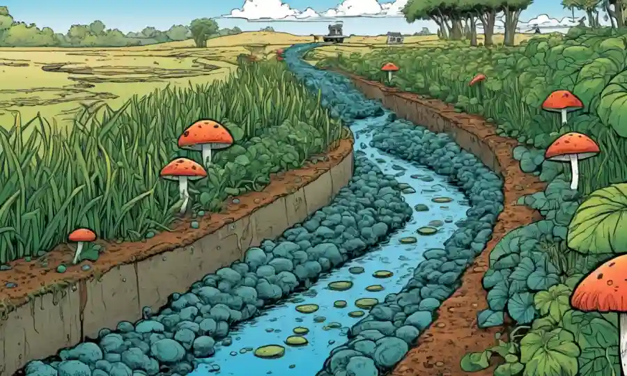 Irrigación zanja con plantas y hongos entrelazando.