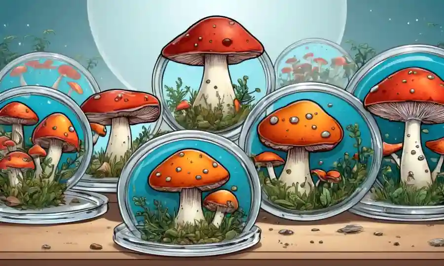 Setas y enzimas en platos petri con ilustraciones de futuros avances.