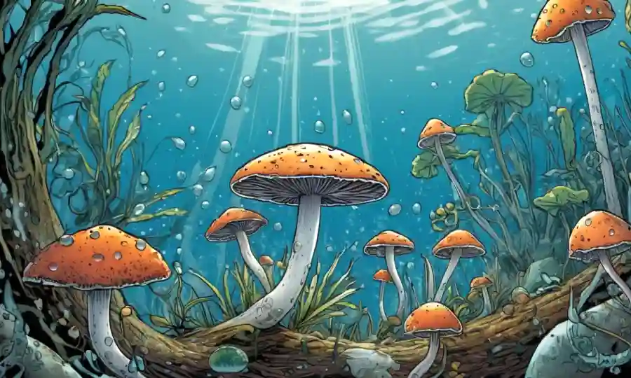 Especies microscópicas de hongos que prosperan en ambientes acuáticos, rodeadas de equipos científicos y gotas de agua.