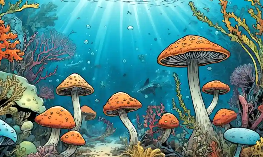 hongos microscópicos interactuando con organismos acuáticos en entornos submarinos.
