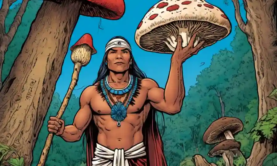 Una persona indígena que tiene un paquete sagrado de hongos para un ritual antiguo.