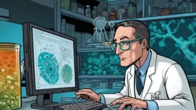 Un científico que examina hongos en un laboratorio mientras hace referencia a la literatura médica en una pantalla de computadora.