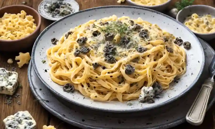 Una imagen de pasta suave con queso moho y cultivos de hongos.
