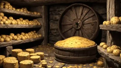 Cultivos fúngicos creciendo en ruedas de queso en una bodega rústica.