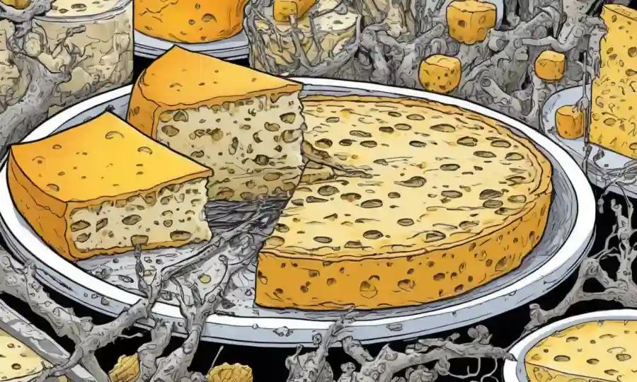 Una imagen magnificada de filamentos fúngicos rodeados de procesos artesanales de producción de queso.
