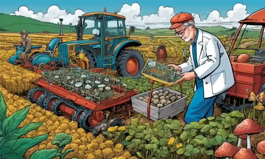 Científico examinando especímenes de hongos en medio de equipos agrícolas, rodeado de temas agrícolas sostenibles.