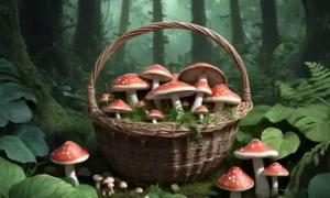 Una canasta de varios hongos rodeados de vegetación