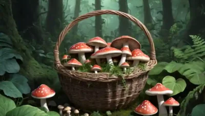 Una canasta de varios hongos rodeados de vegetación